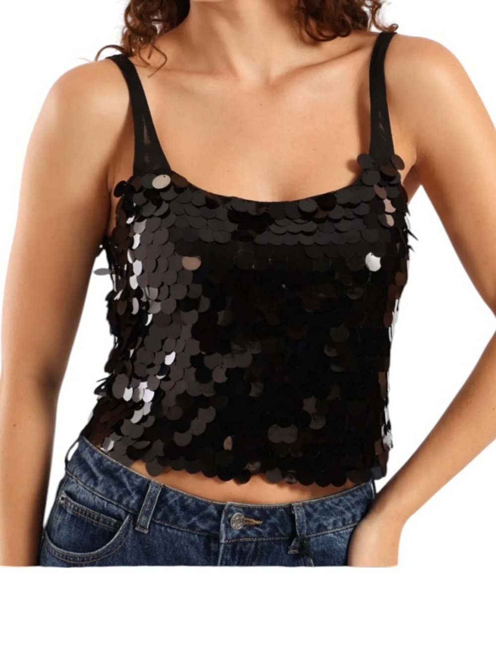 Black Sequin Cropped Tank Top